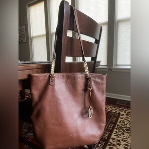 Michael Kors Jet Set Travel brown leather chain shoulder tote bag